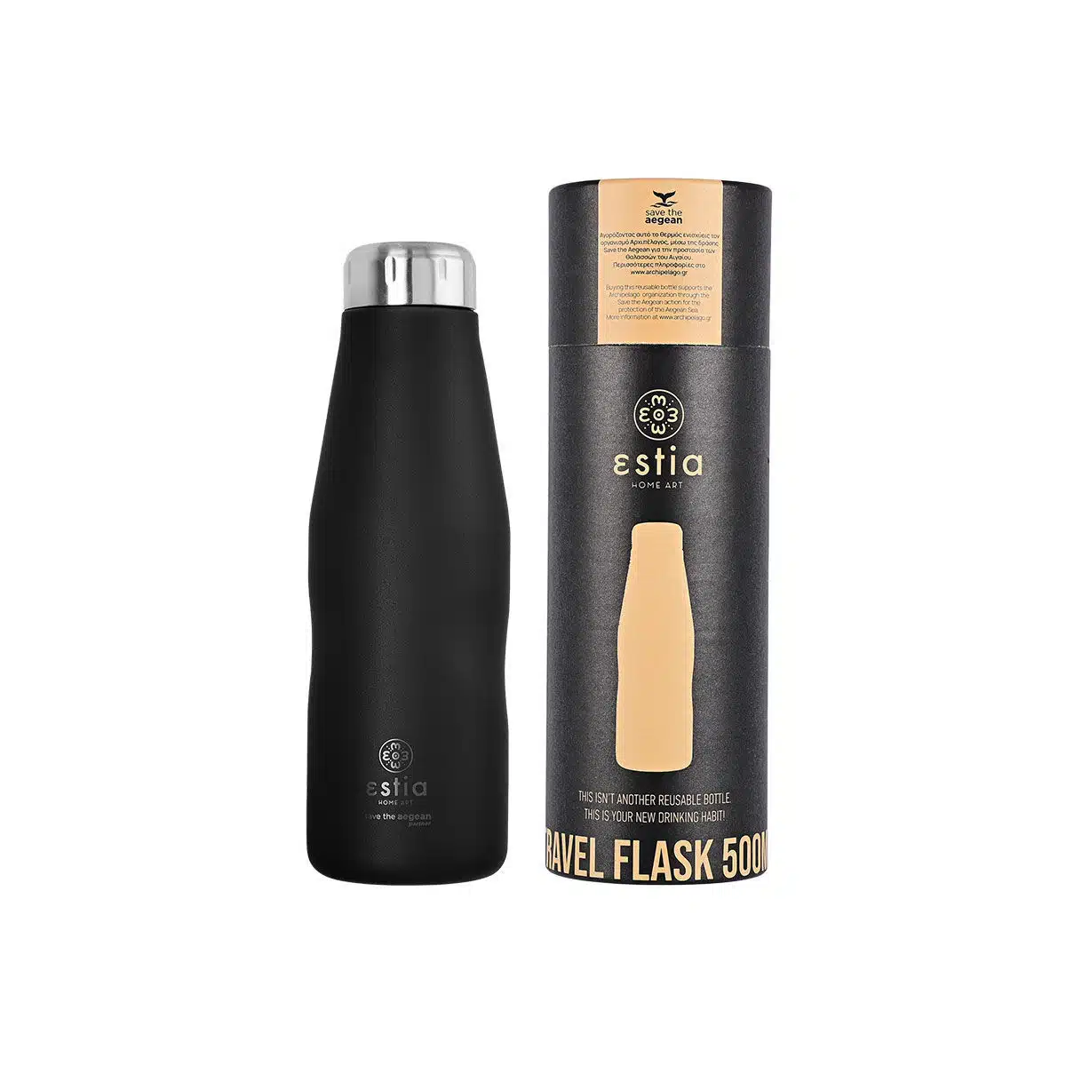 0006708_-travel-flask-save-the-aegean-500ml-midnight-black ESTIA ΘΕΡΜΟΣ TRAVEL FLASK SAVE THE AEGEAN 500ml MIDNIGHT BLACK - Image 1