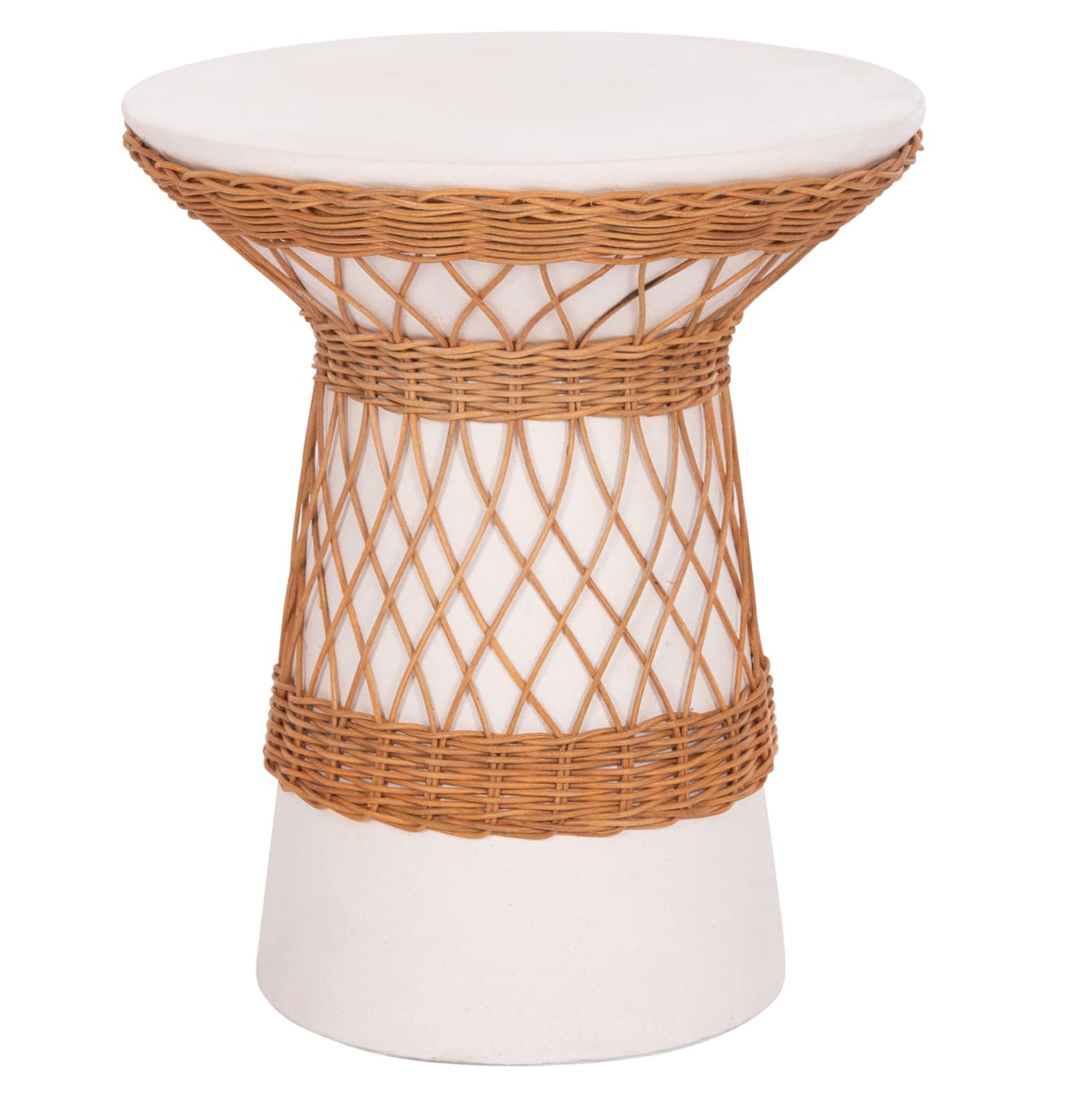 boithitiko-trapezi-stroggylo-fb91816702- ΒΟΗΘΗΤΙΚΟ ΤΡΑΠΕΖΙ ΣΤΡΟΓΓΥΛΟ DELIA HM18167.02 FIBER CEMENT ΛΕΥΚΟ & RATTAN Φ40x45Υεκ - Image 1