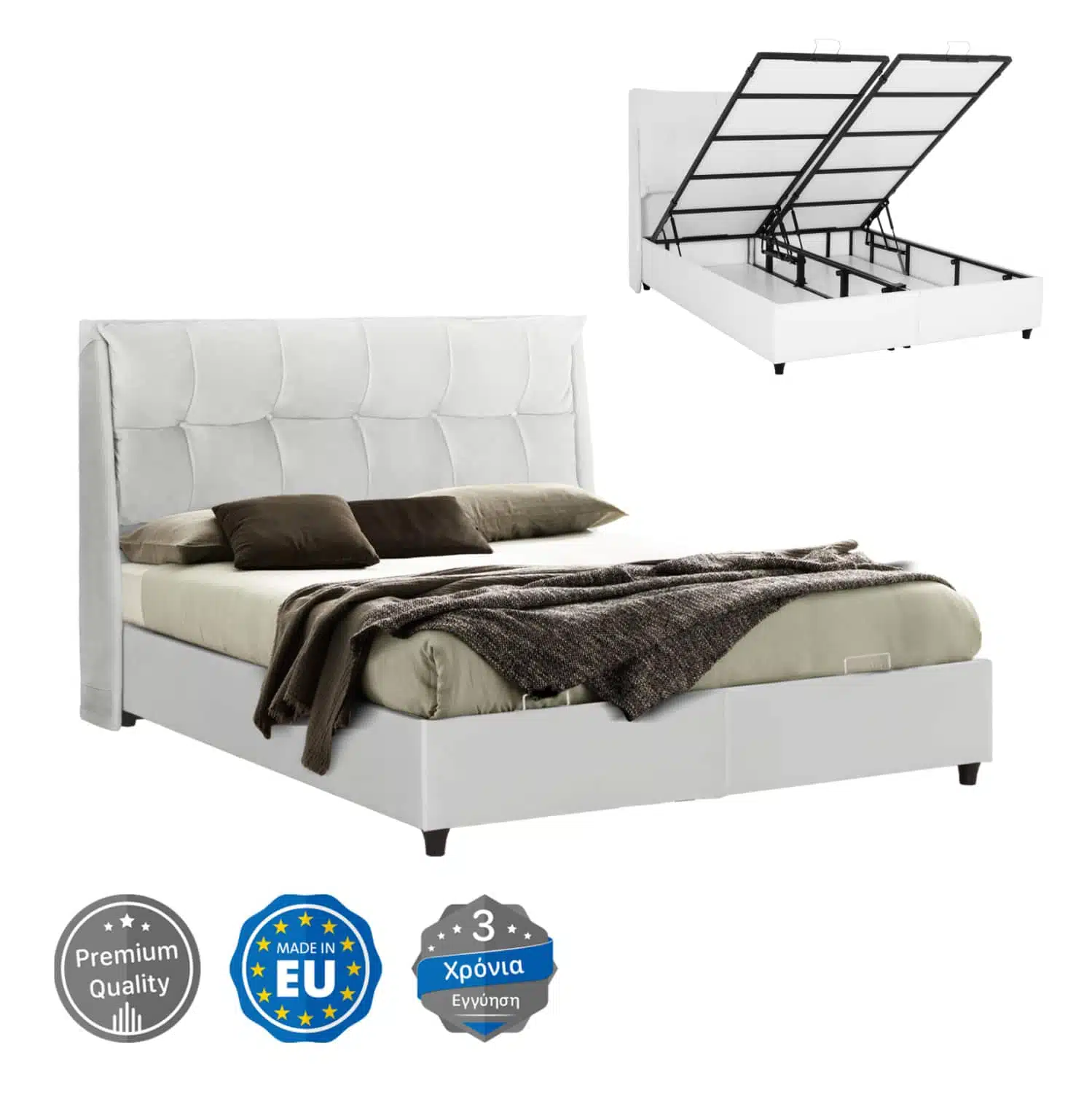 ΚΡEΒΑΤΙ ΜΕ ΑΠΟΘΗΚΕΥΤΙΚΟ ΧΩΡΟ DREAMLET HM716.03 ΛΕΥΚΟ TEDDY ΥΦΑΣΜΑ- ΓΙΑ ΣΤΡΩΜΑ 160x200εκ. - Image 1