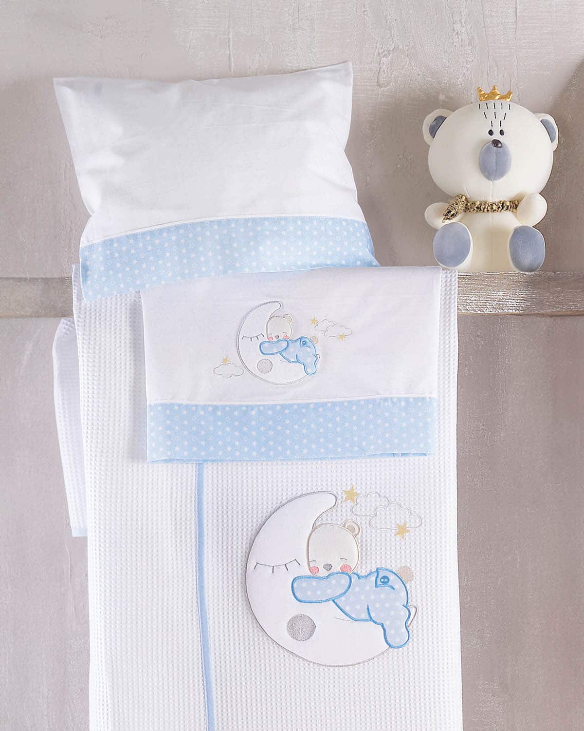 moon_swing_bed_blue Σετ Σεντόνια Κούνιας Φανελένια Moon Swing Σιέλ 100×160 Rythmos - Image 1