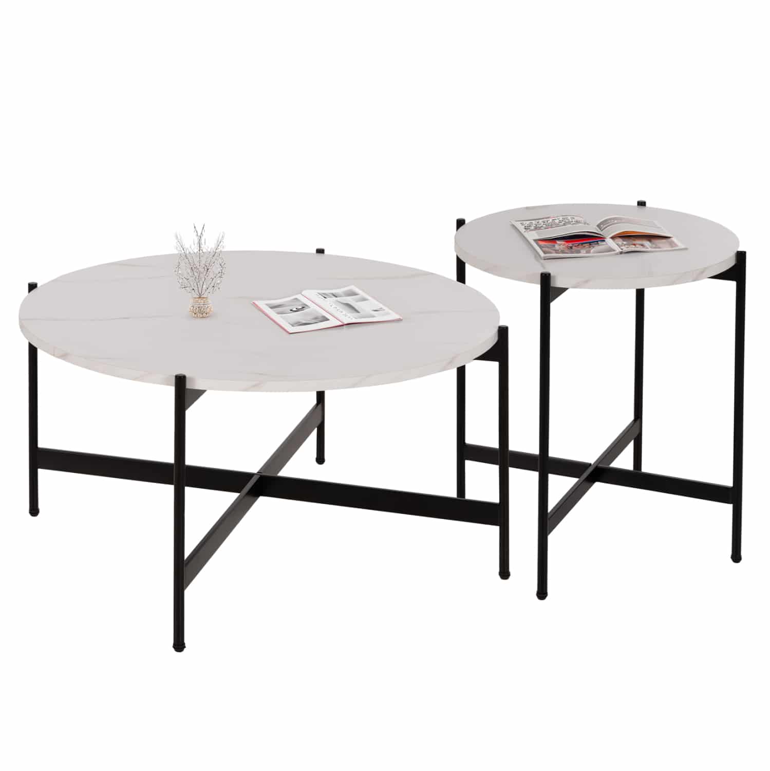 set-2tmch-trapezia-salonioy-fb92108904-m ΣΕΤ 2ΤΜΧ ΤΡΑΠΕΖΙΑ ΣΑΛΟΝΙΟΥ RONDA HM21089.04 MDF ΛΕΥΚΟ ΜΑΡΜΑΡΟ Φ80εκ & Φ50εκ - Image 1